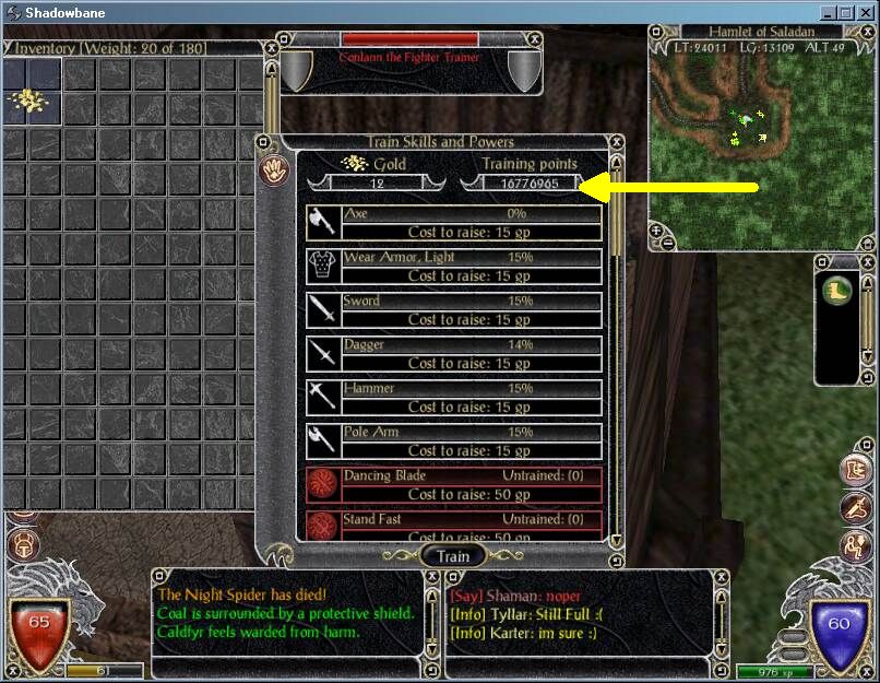 Hacking Shadowbane Training Points